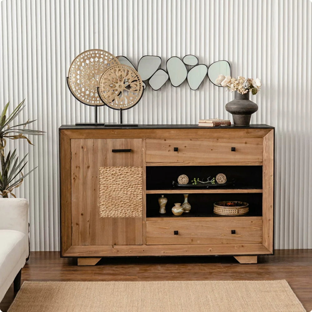 LIVARA Vintage Distressed Solid Wood Sideboard - Dining Room Storage Cabinet - Vintage Wood