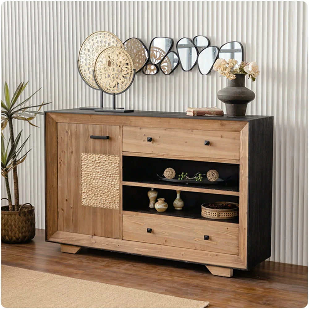 LIVARA Vintage Distressed Solid Wood Sideboard - Dining Room Storage Cabinet - Vintage Wood