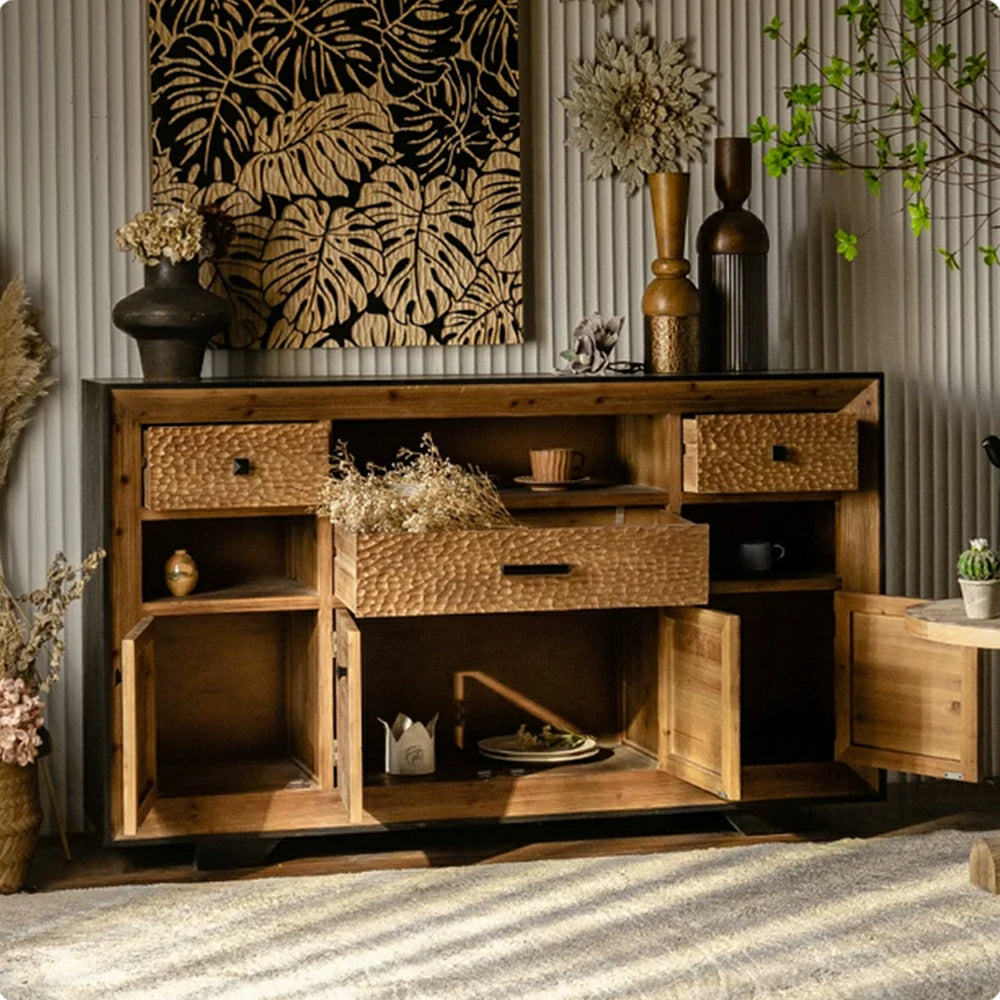 LIVARA Vintage Distressed Solid Wood Sideboard - Dining Room Storage Cabinet - Vintage Wood