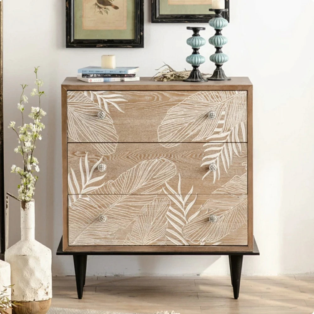 LIVARA Vintage Carved Solid Wood Chest of Drawers - Bedroom Storage Cabinet - Vintage Wood