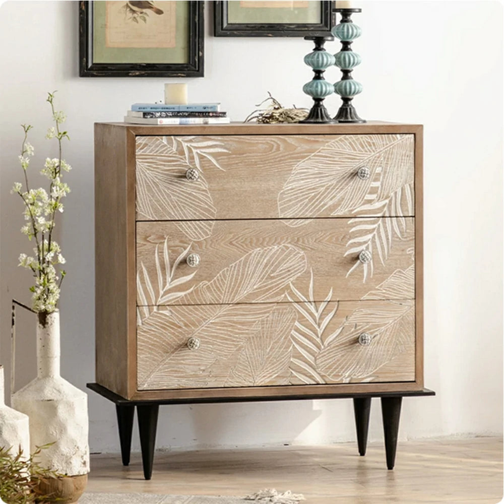 LIVARA Vintage Carved Solid Wood Chest of Drawers - Bedroom Storage Cabinet - Vintage Wood