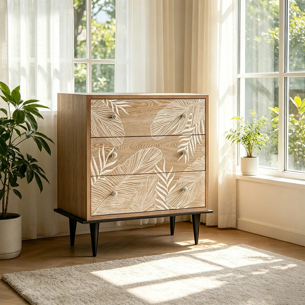 LIVARA Vintage Carved Solid Wood Chest of Drawers - Bedroom Storage Cabinet - Vintage Wood