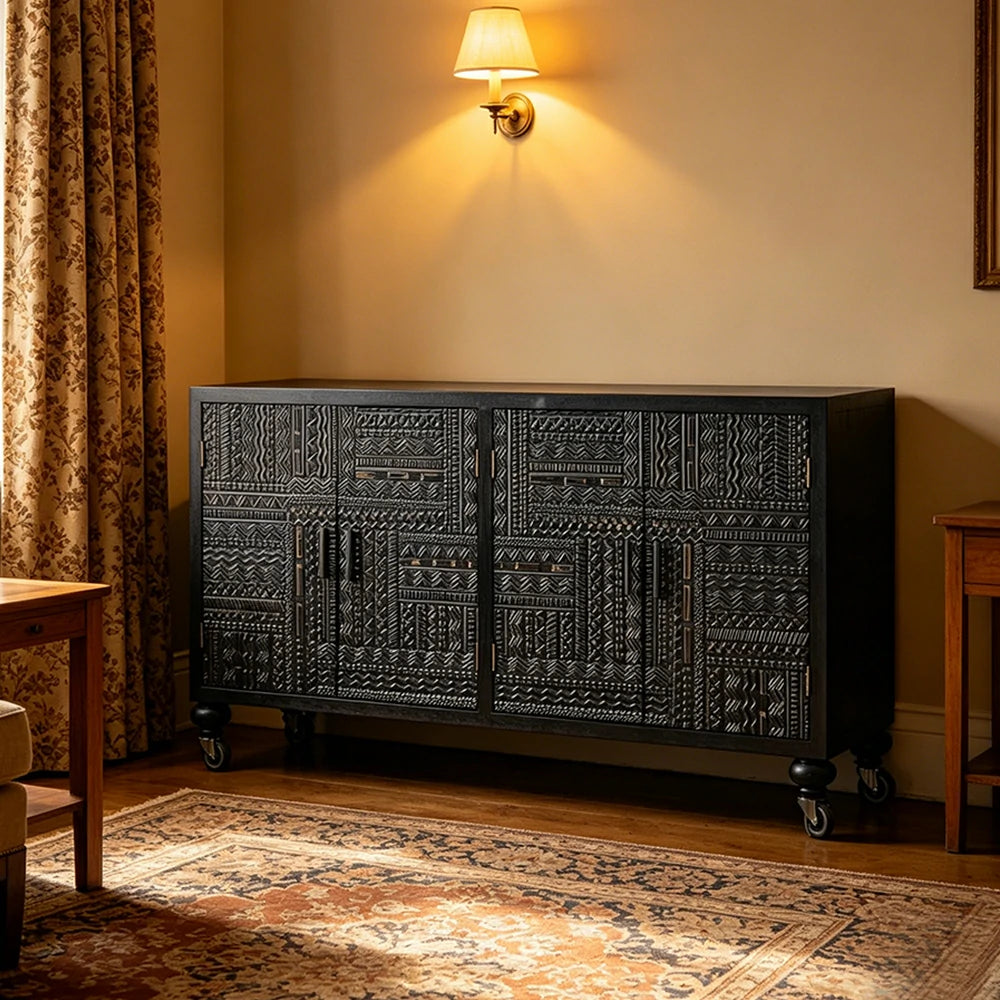 LIVARA Carved Entryway Cabinet - Solid Wood Hallway Storage Cabinet - Vintage Wood