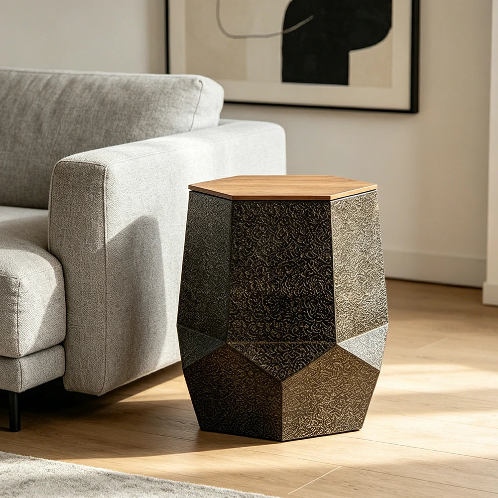 LIVARA Hollow Geometric Coffee Table with Vintage Distressed Finish 45cm Living Room Side Table - Antique Gold
