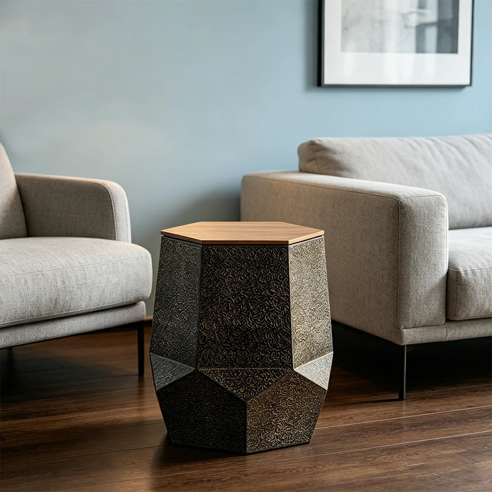 LIVARA Hollow Geometric Coffee Table with Vintage Distressed Finish 45cm Living Room Side Table - Antique Gold
