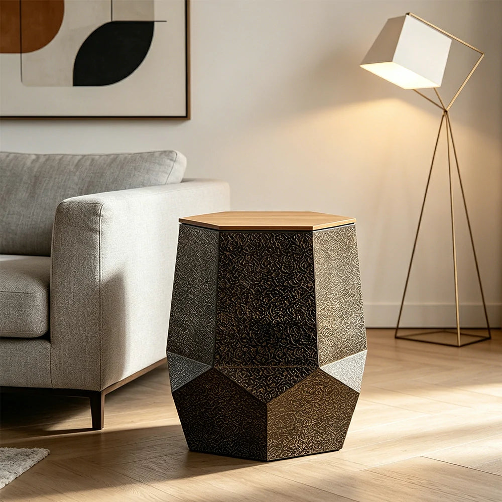 LIVARA Hollow Geometric Coffee Table with Vintage Distressed Finish 45cm Living Room Side Table - Antique Gold