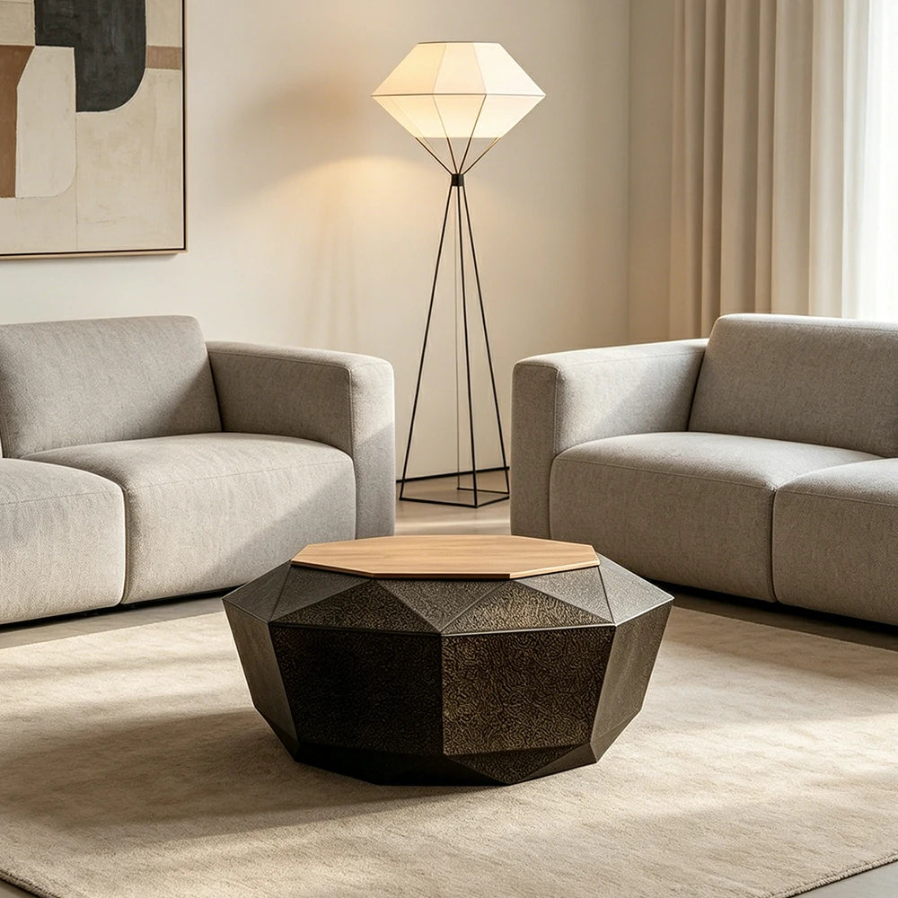 LIVARA Vintage Hollow Geometric Coffee Table with Pine Top 85cm Living Room Table - Antique Gold
