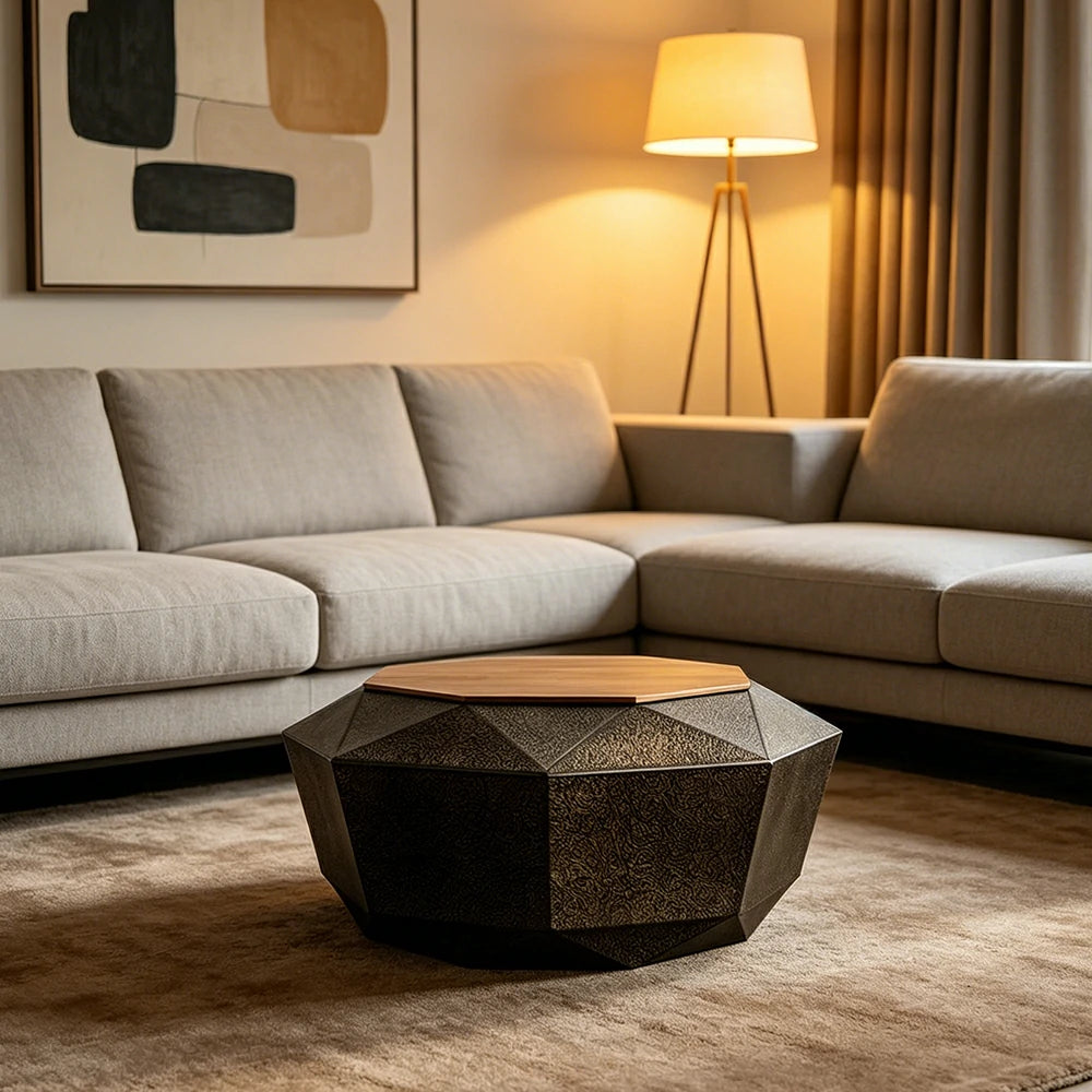 LIVARA Vintage Hollow Geometric Coffee Table with Pine Top 85cm Living Room Table - Antique Gold