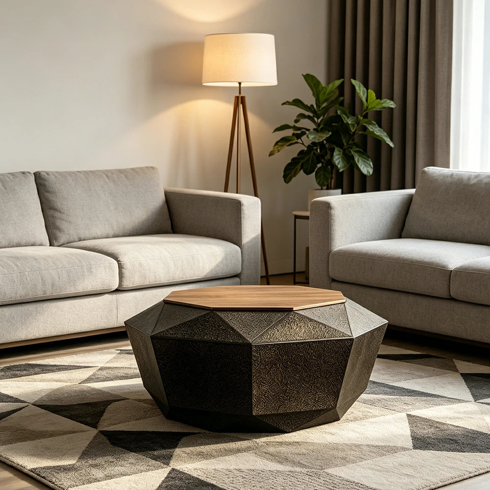 LIVARA Vintage Hollow Geometric Coffee Table with Pine Top 85cm Living Room Table - Antique Gold