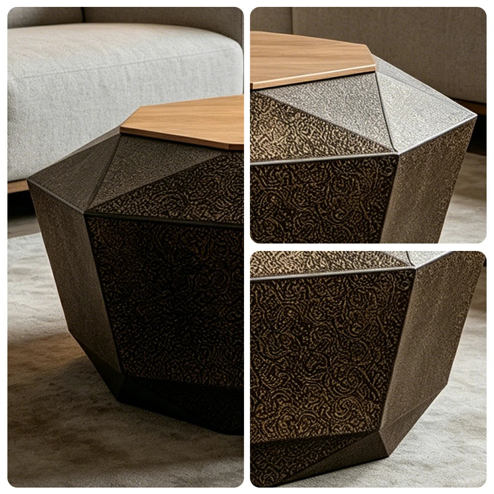 LIVARA Vintage Hollow Geometric Coffee Table with Pine Top 85cm Living Room Table - Antique Gold