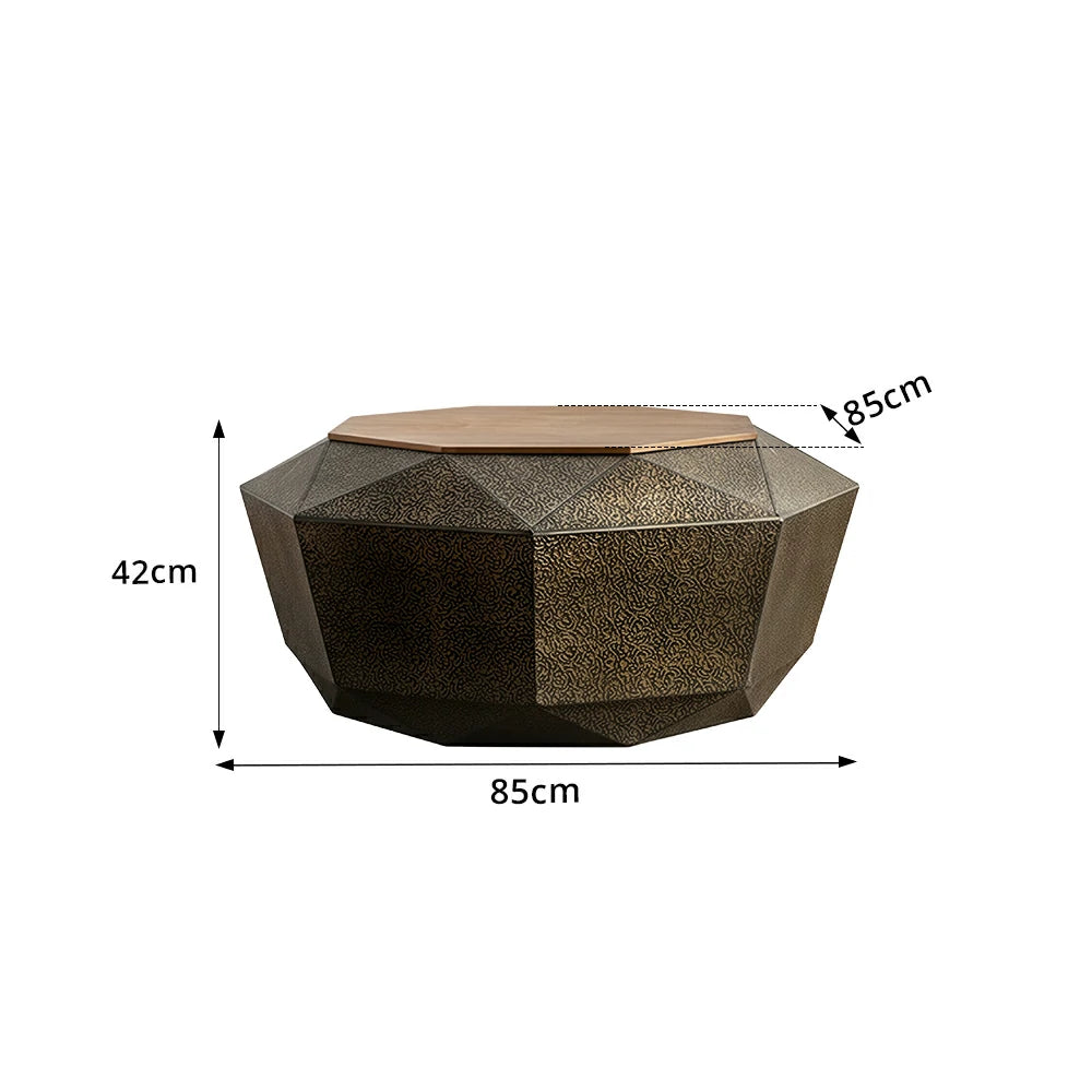 LIVARA Vintage Hollow Geometric Coffee Table with Pine Top 85cm Living Room Table - Antique Gold
