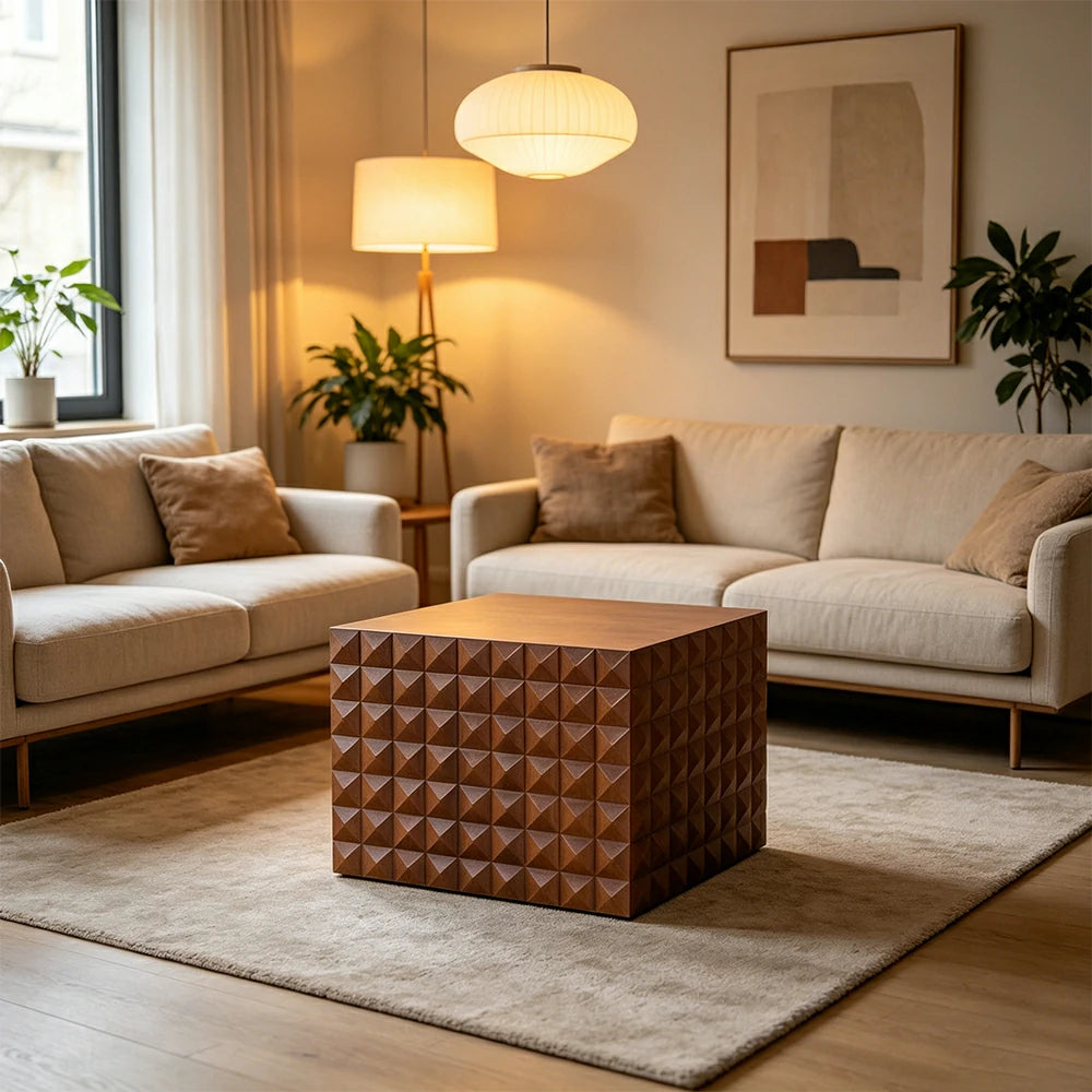 LIVARA American 3D Geometric Side Table 60cm Living Room Sofa Coffee Table - Walnut