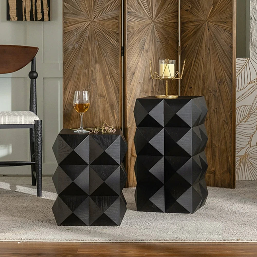 LIVARA Vintage 3D Geometric Small Side Table 36.5cm Sofa Bedside Accent Table - Black