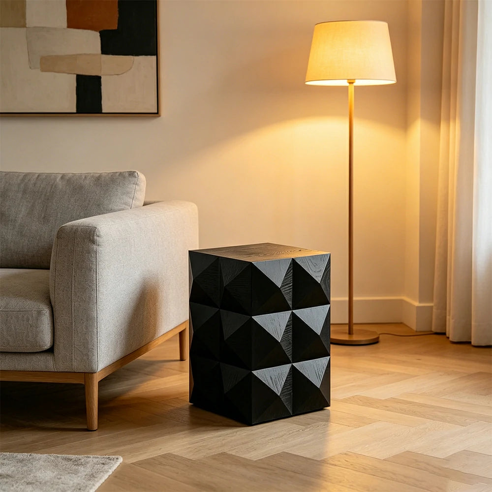 LIVARA Vintage 3D Geometric Small Side Table 36.5cm Sofa Bedside Accent Table - Black