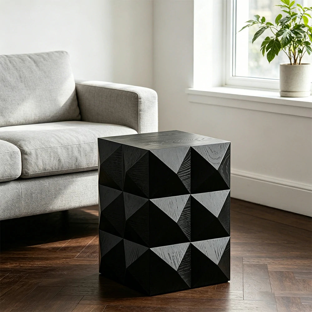 LIVARA Vintage 3D Geometric Small Side Table 36.5cm Sofa Bedside Accent Table - Black
