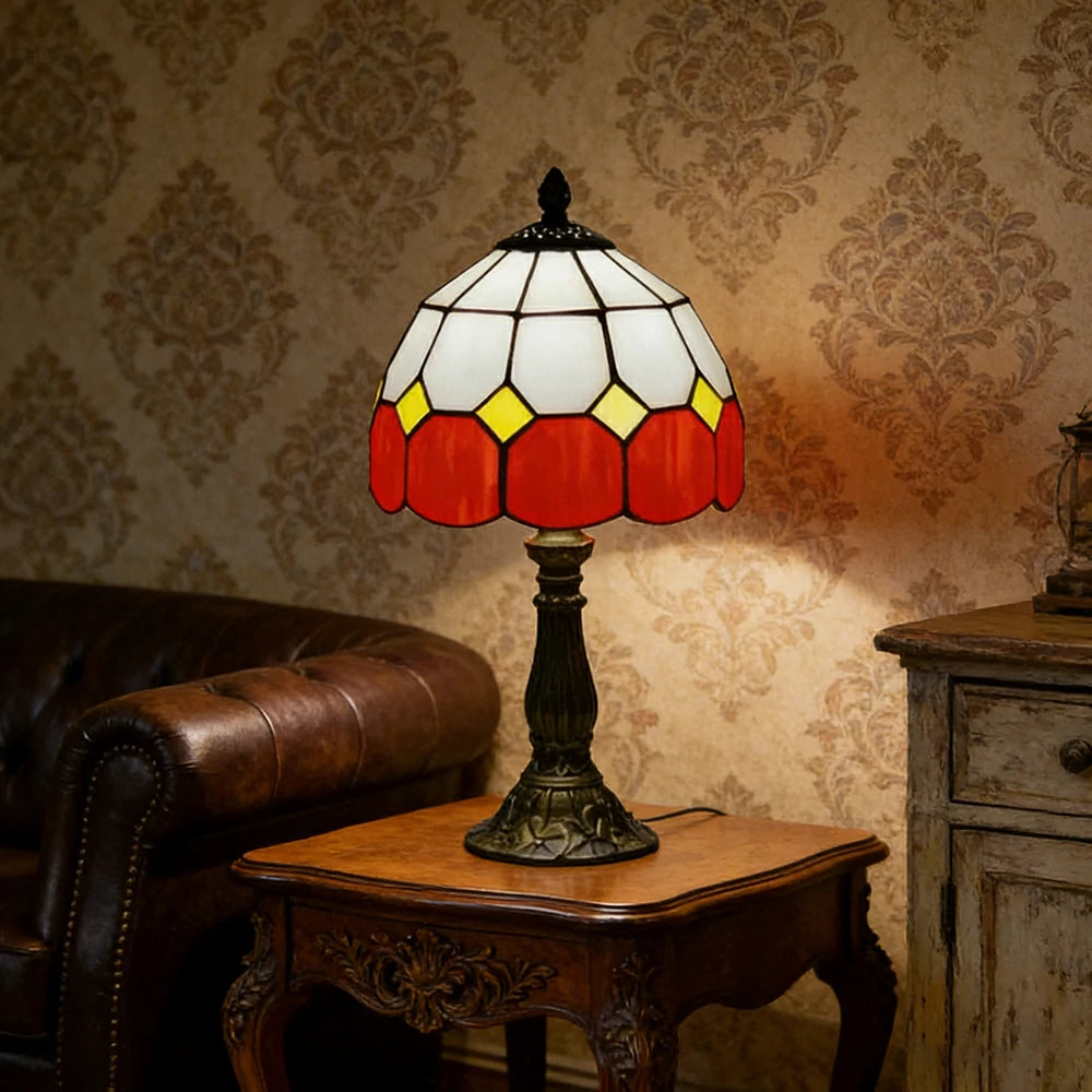 LIVARA Stained Glass Table Lamp Handmade Tiffany Style E27 Bedside Light Vintage Decor for Living Room Bedroom Study - Orange