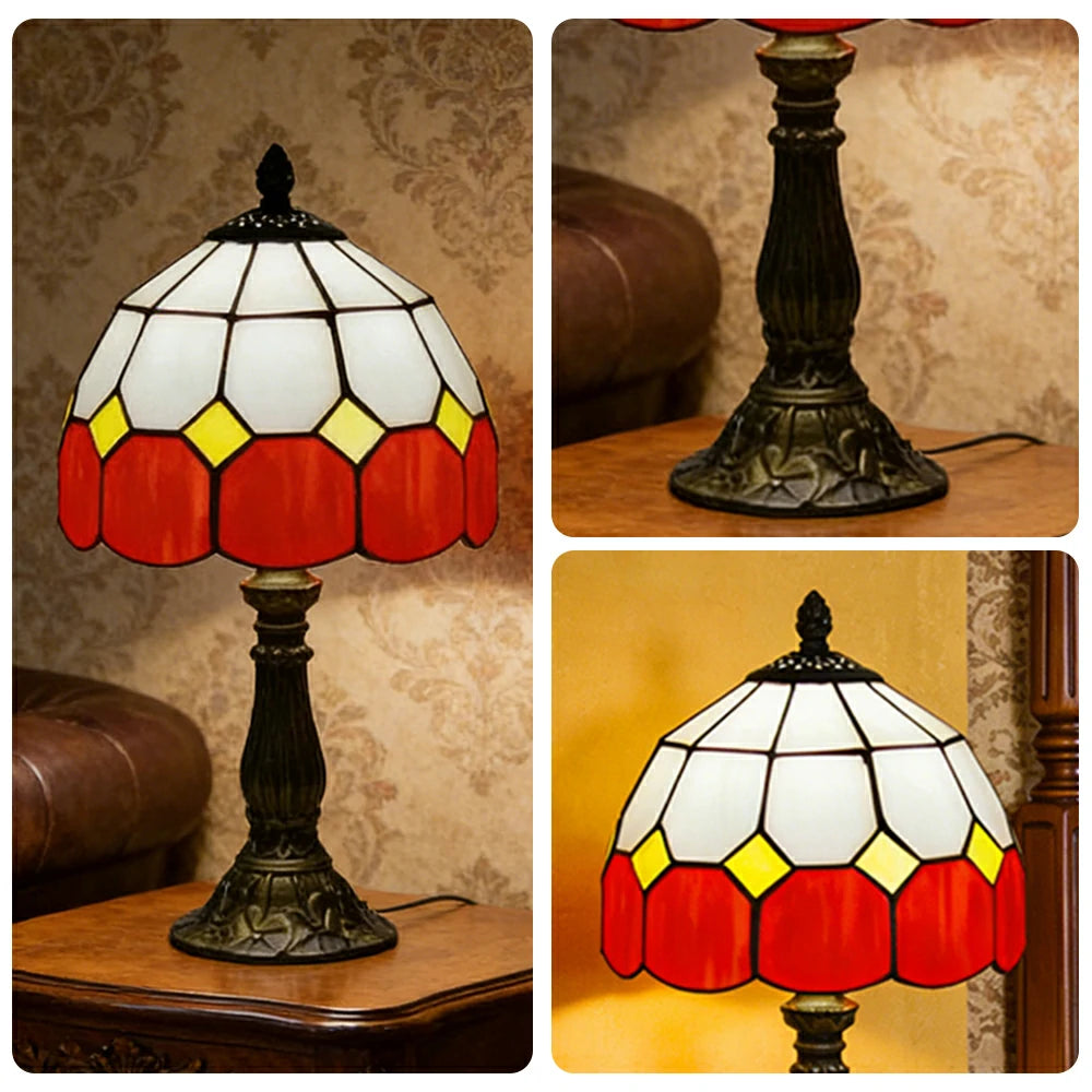 LIVARA Stained Glass Table Lamp Handmade Tiffany Style E27 Bedside Light Vintage Decor for Living Room Bedroom Study - Orange