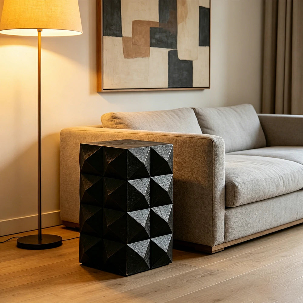 LIVARA Vintage 3D Geometric Large Side Table 61cm Sofa Bedside Accent Table - Black