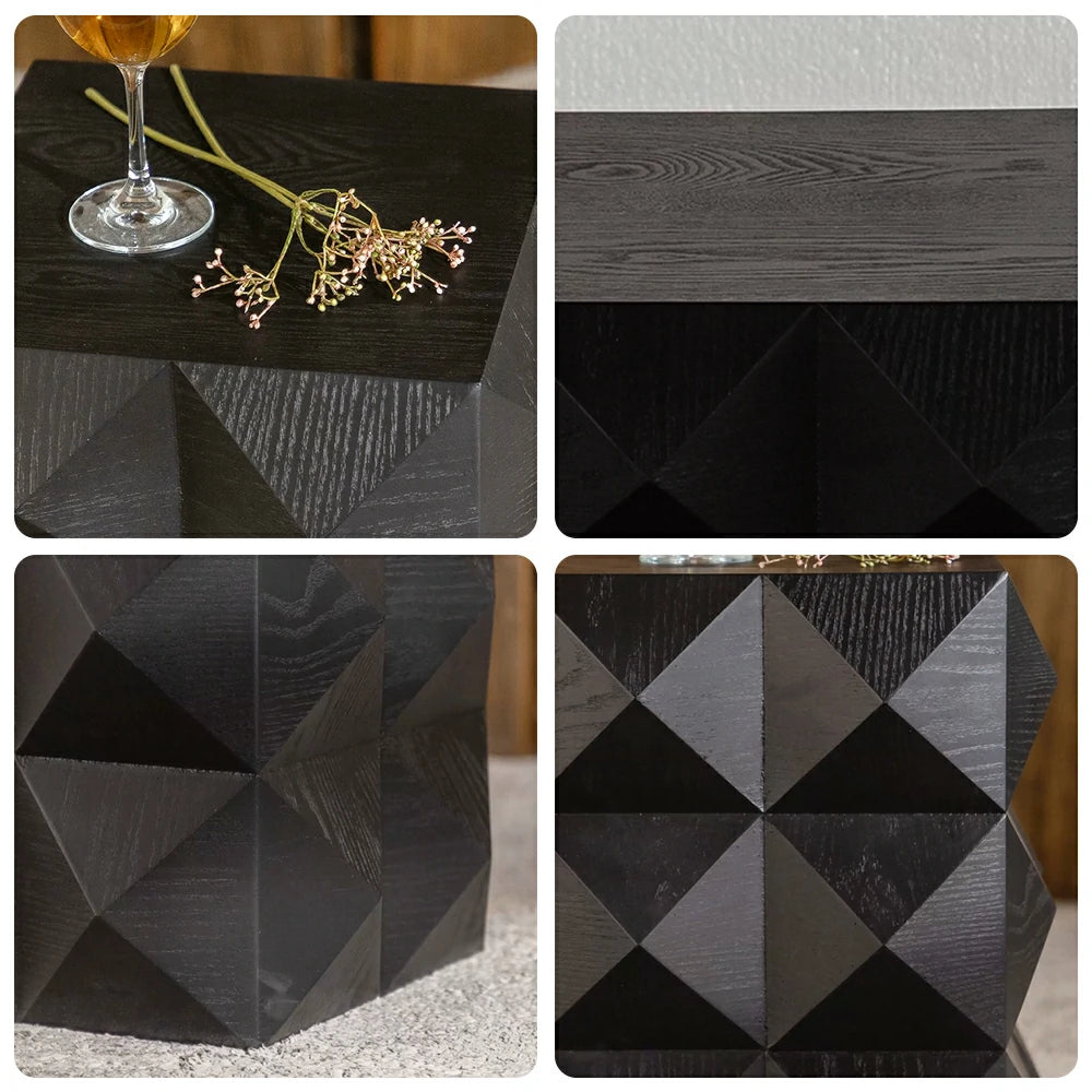 LIVARA Vintage 3D Geometric Large Side Table 61cm Sofa Bedside Accent Table - Black