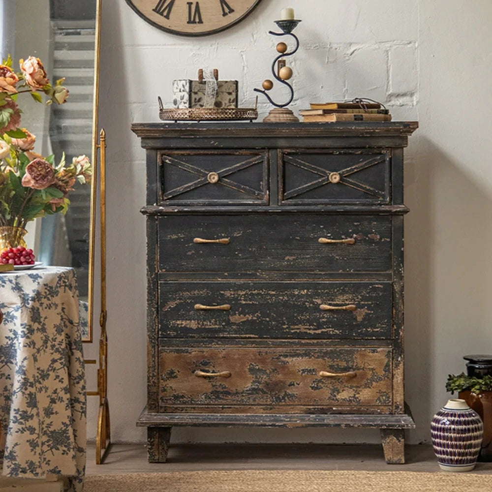 LIVARA Vintage Distressed 5-Drawer Chest with Rustic Finish 98cm Entryway Storage Cabinet - Black