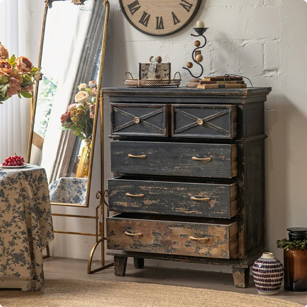 LIVARA Vintage Distressed 5-Drawer Chest with Rustic Finish 98cm Entryway Storage Cabinet - Black