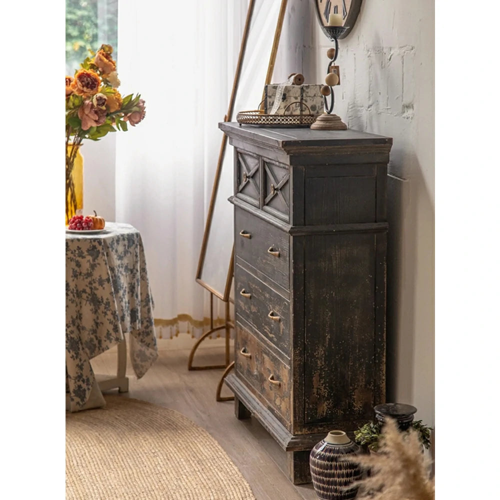 LIVARA Vintage Distressed 5-Drawer Chest with Rustic Finish 98cm Entryway Storage Cabinet - Black