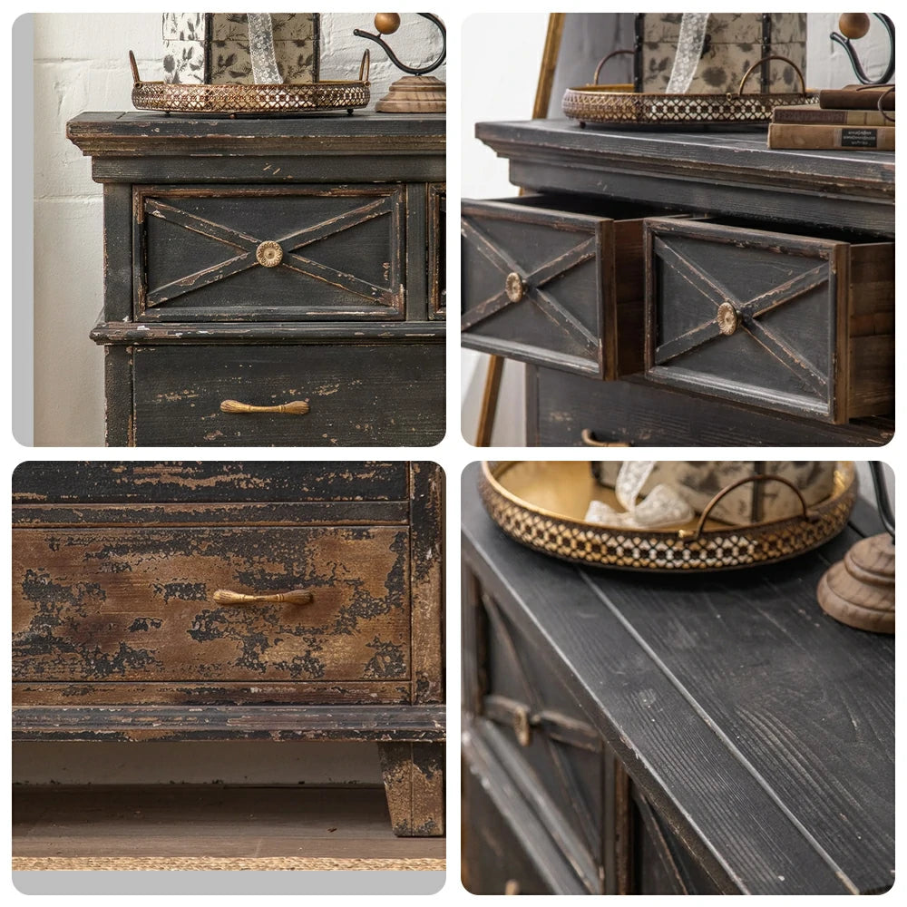 LIVARA Vintage Distressed 5-Drawer Chest with Rustic Finish 98cm Entryway Storage Cabinet - Black