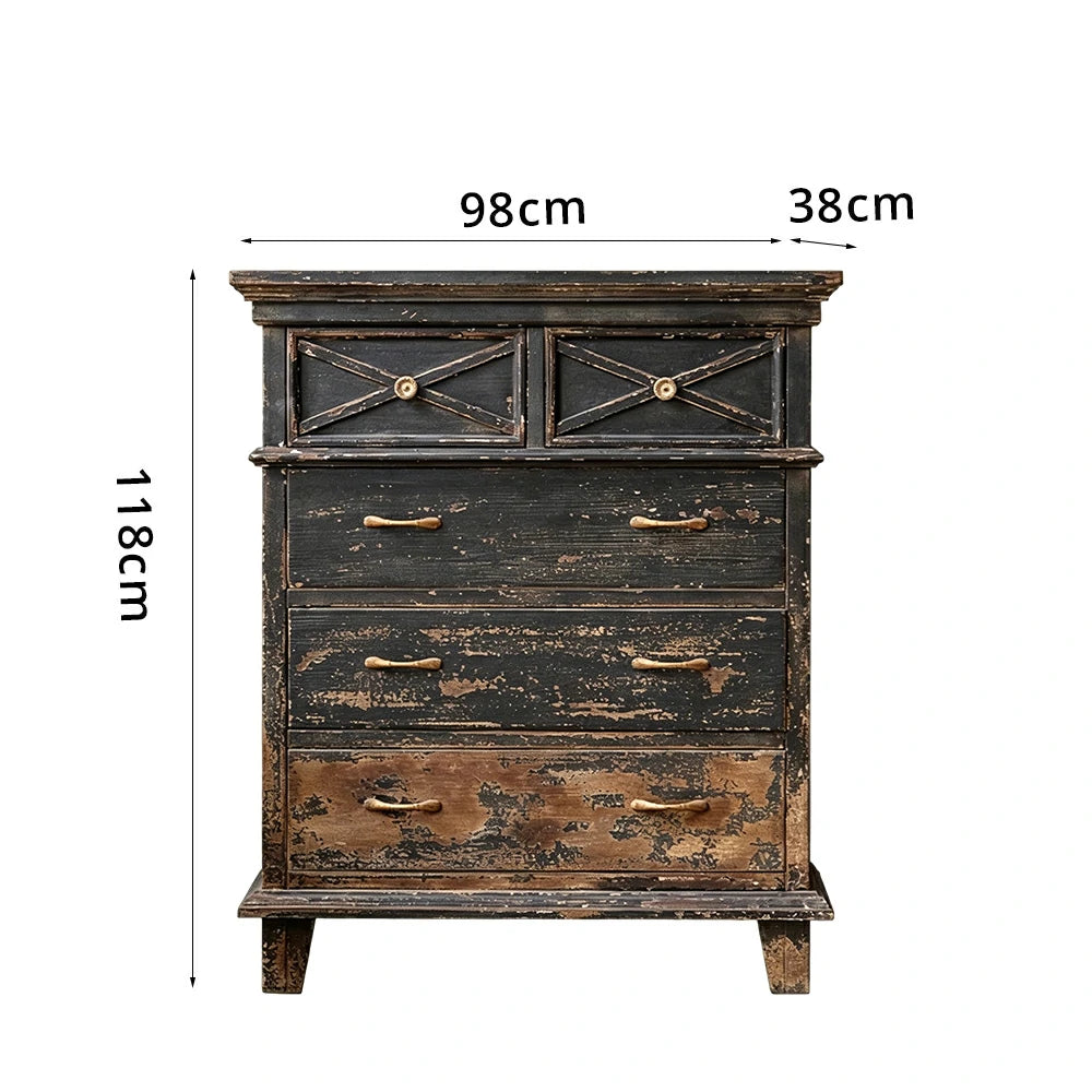 LIVARA Vintage Distressed 5-Drawer Chest with Rustic Finish 98cm Entryway Storage Cabinet - Black