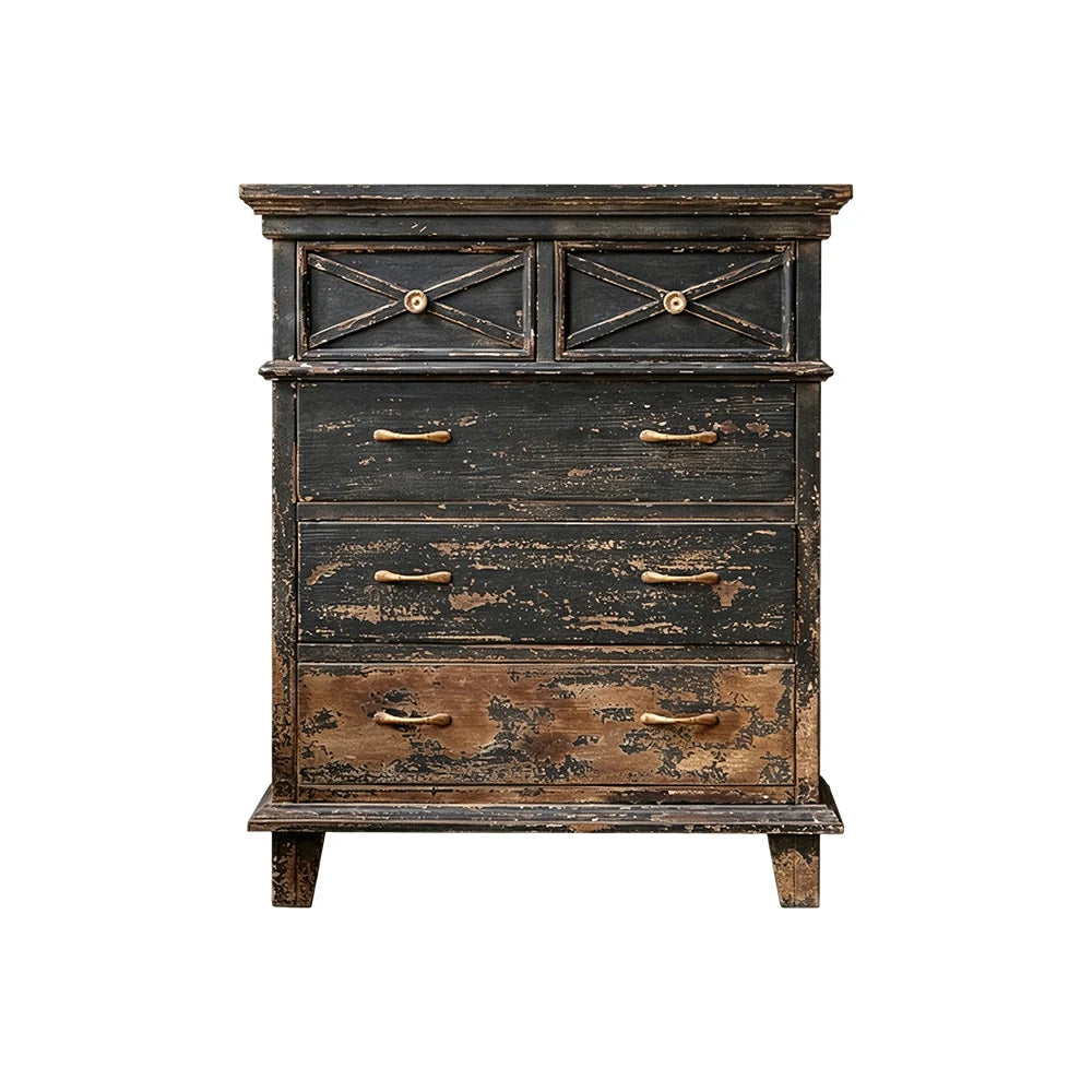 LIVARA Vintage Distressed 5-Drawer Chest with Rustic Finish 98cm Entryway Storage Cabinet - Black