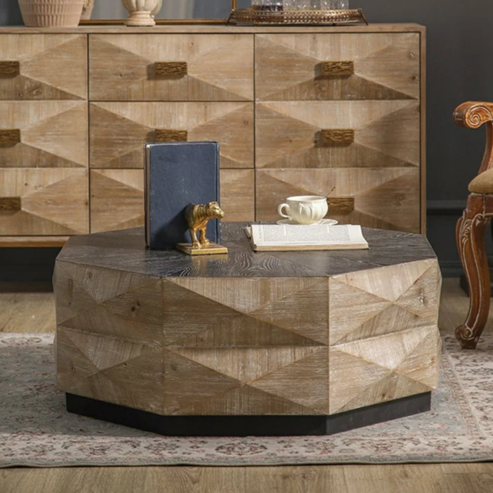 LIVARA Vintage Distressed Solid Wood Coffee Table with Geometric Base 90cm Living Room Centre Table - Natural Wood