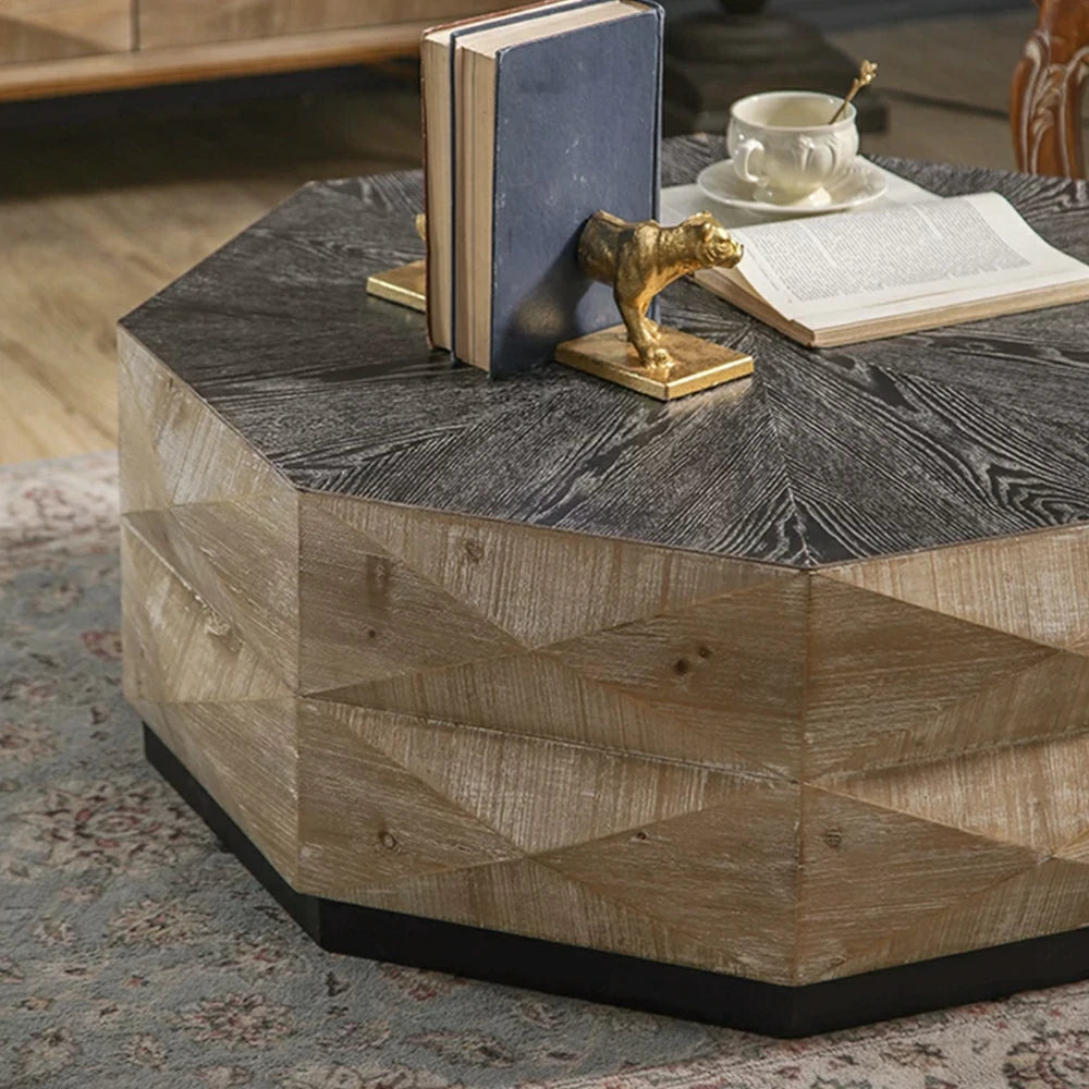 LIVARA Vintage Distressed Solid Wood Coffee Table with Geometric Base 90cm Living Room Centre Table - Natural Wood