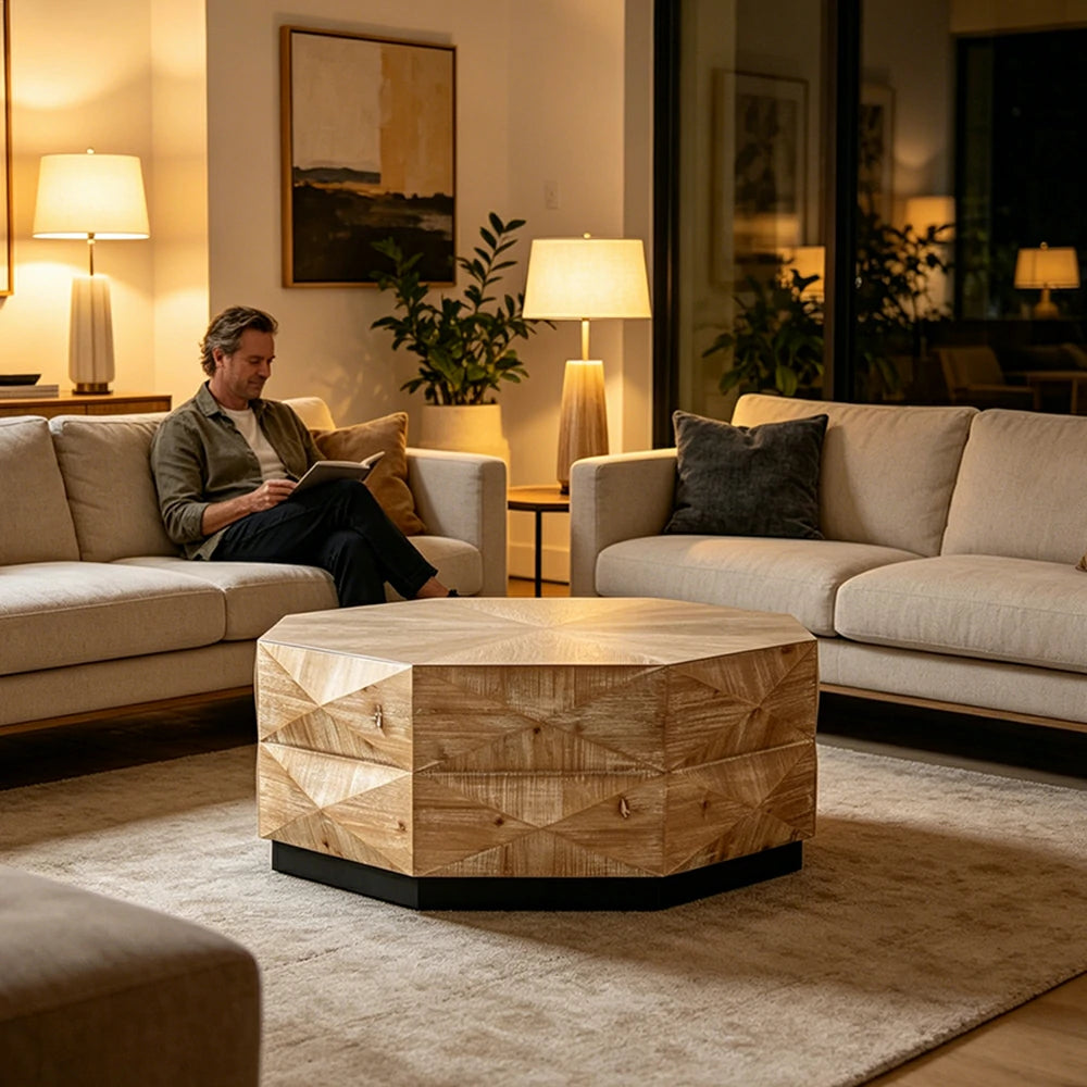 LIVARA Vintage Distressed Solid Wood Coffee Table with Geometric Base 90cm Living Room Centre Table - Natural Wood