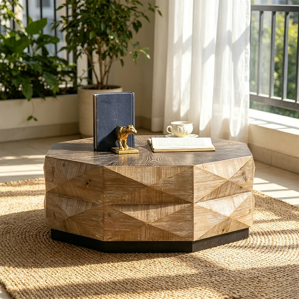 LIVARA Vintage Distressed Solid Wood Coffee Table with Geometric Base 90cm Living Room Centre Table - Natural Wood