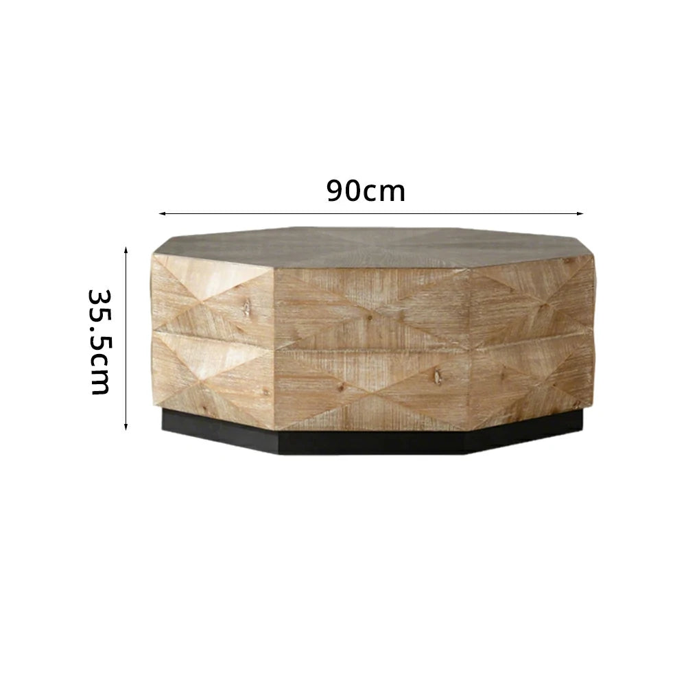 LIVARA Vintage Distressed Solid Wood Coffee Table with Geometric Base 90cm Living Room Centre Table - Natural Wood