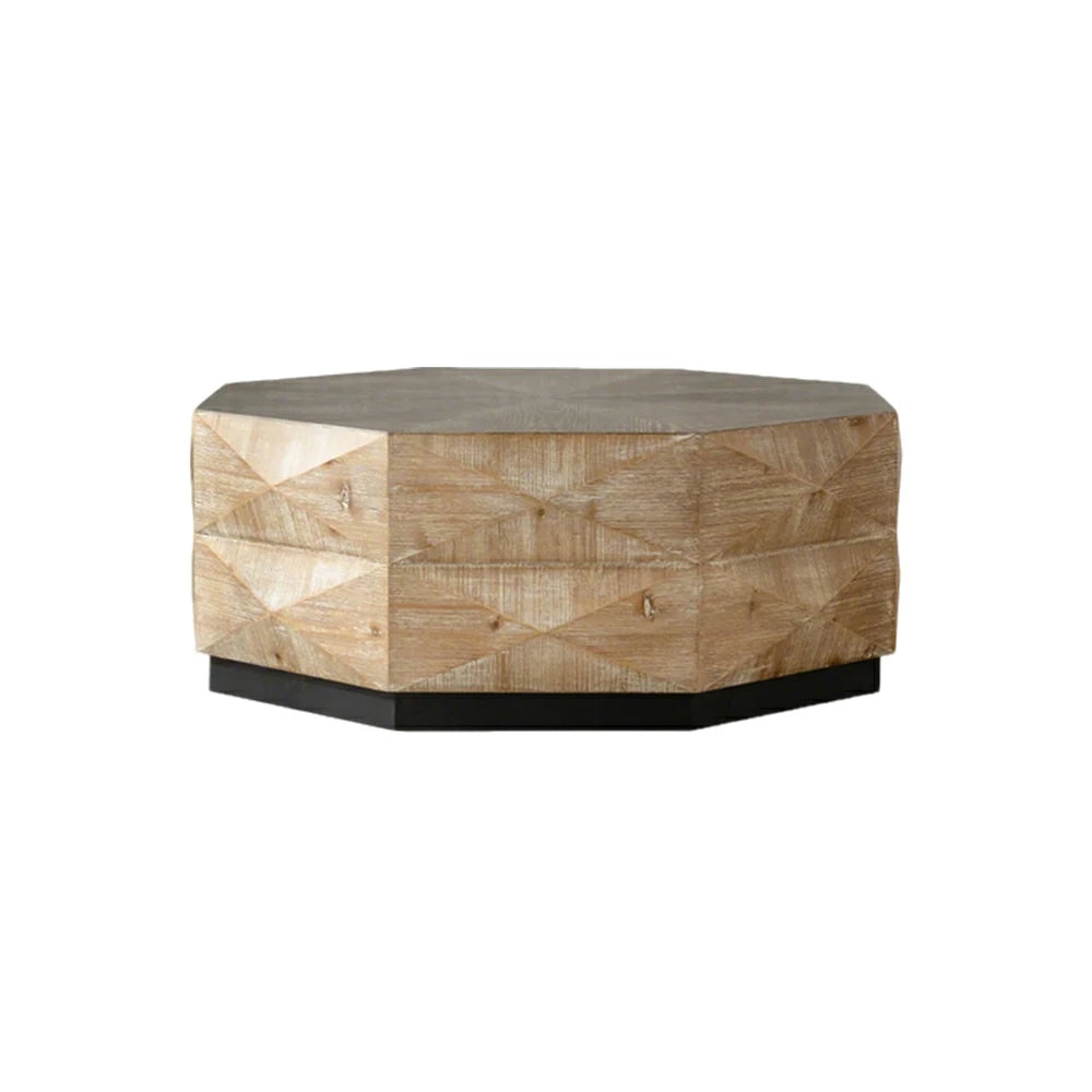 LIVARA Vintage Distressed Solid Wood Coffee Table with Geometric Base 90cm Living Room Centre Table - Natural Wood