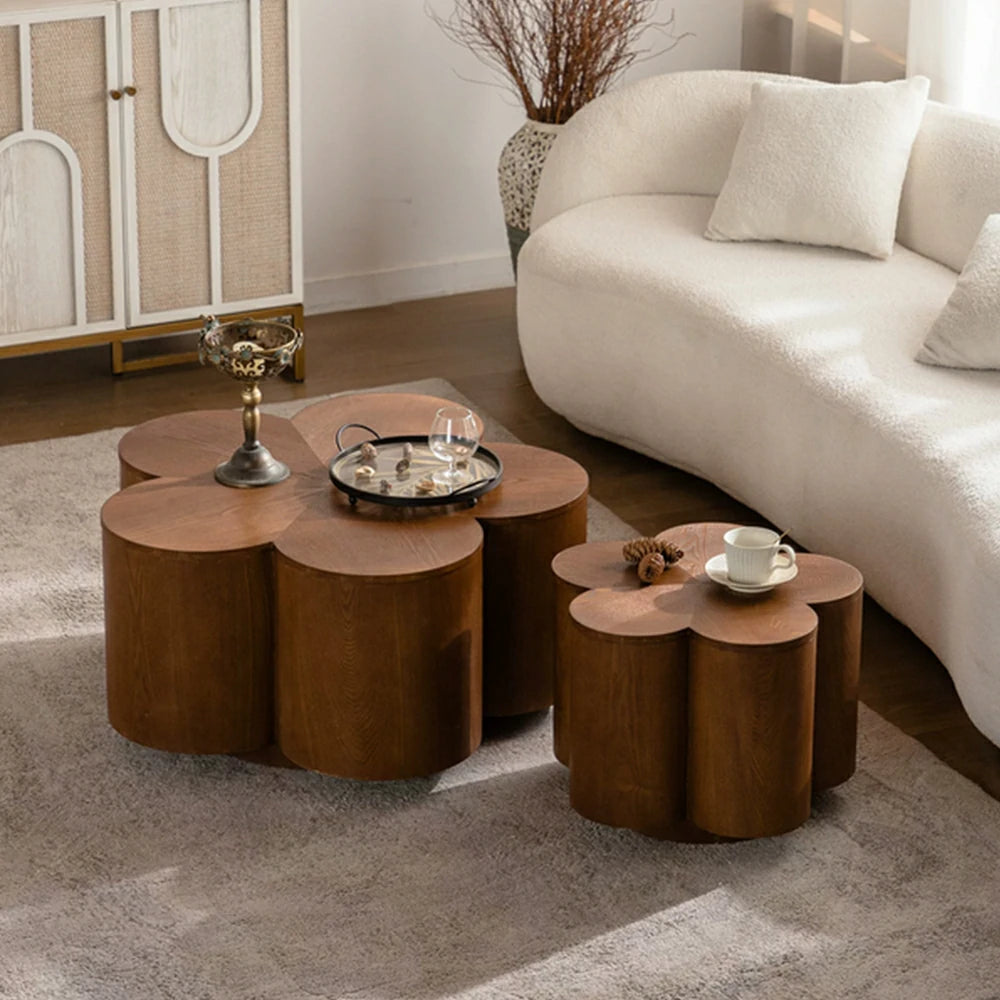 LIVARA Petal Shape 2-Piece Coffee Table Set with Hidden Storage 80cm Living Room Centre Table - Walnut