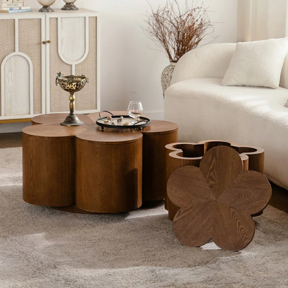 LIVARA Petal Shape 2-Piece Coffee Table Set with Hidden Storage 80cm Living Room Centre Table - Walnut