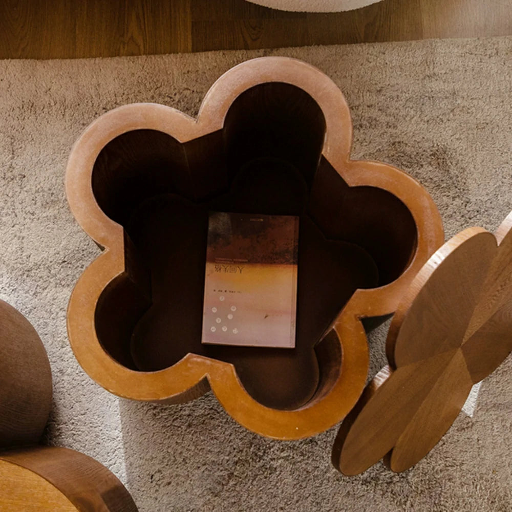 LIVARA Petal Shape 2-Piece Coffee Table Set with Hidden Storage 80cm Living Room Centre Table - Walnut