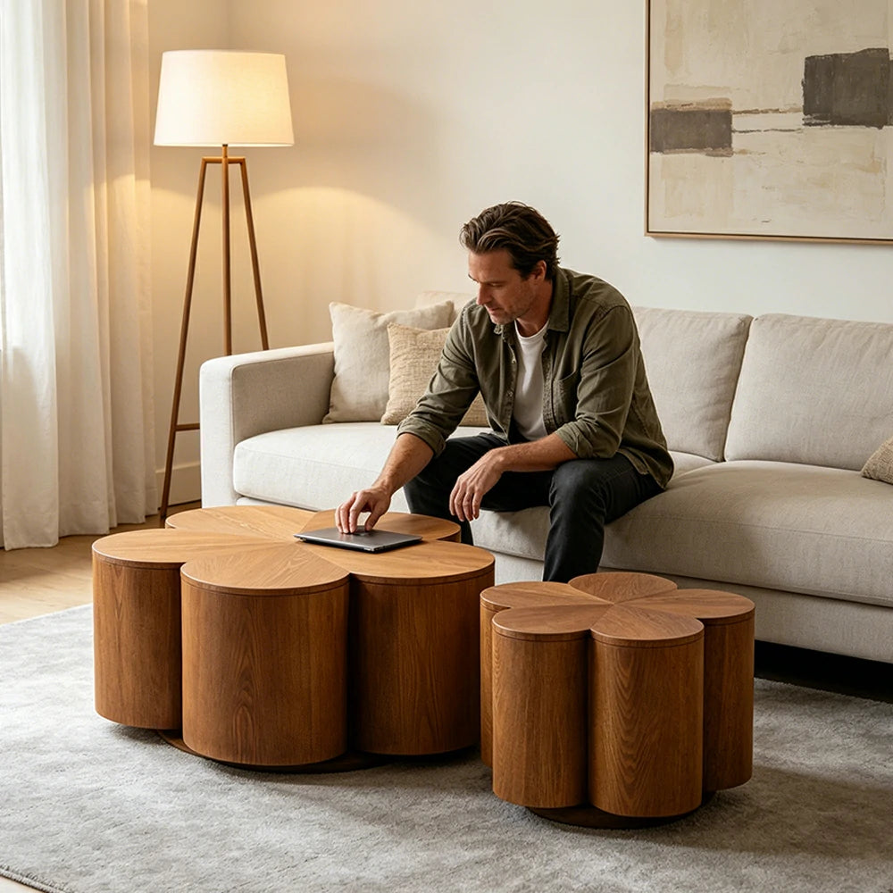 LIVARA Petal Shape 2-Piece Coffee Table Set with Hidden Storage 80cm Living Room Centre Table - Walnut