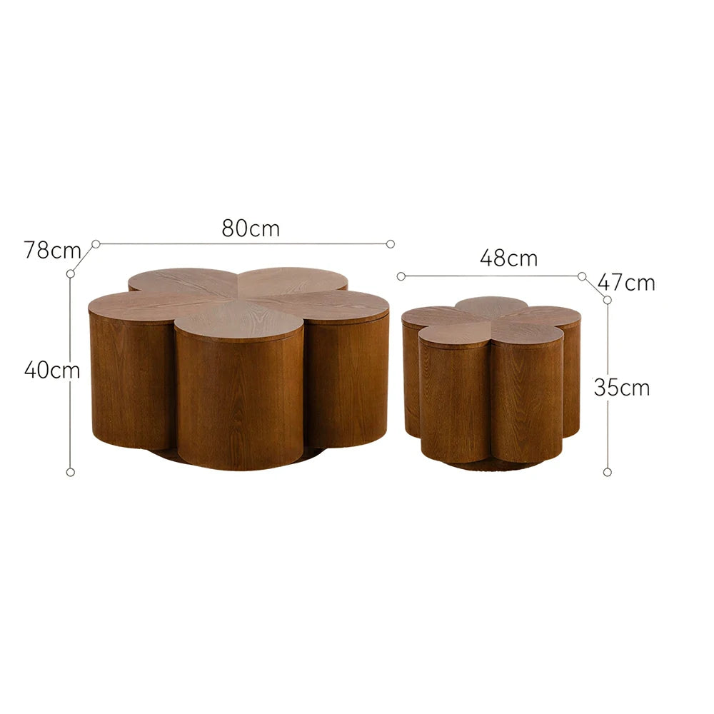 LIVARA Petal Shape 2-Piece Coffee Table Set with Hidden Storage 80cm Living Room Centre Table - Walnut