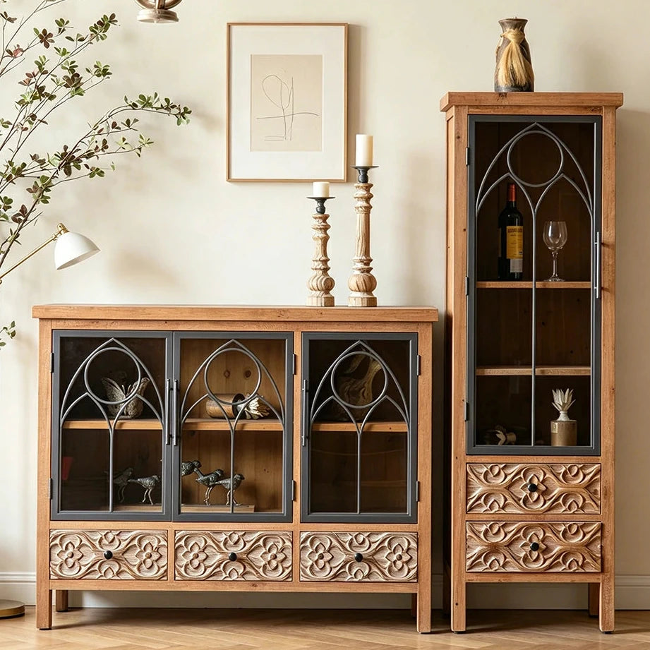 LIVARA Vintage Distressed Carved Glass Door Wine Cabinet 160cm Entryway Display Storage Cabinet - Natural Wood