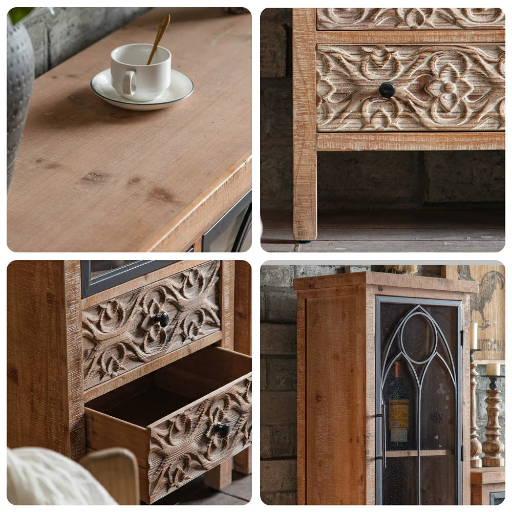 LIVARA Vintage Distressed Carved Glass Door Wine Cabinet 160cm Entryway Display Storage Cabinet - Natural Wood