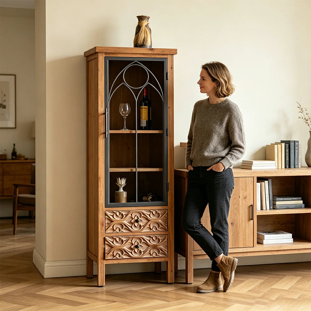 LIVARA Vintage Distressed Carved Glass Door Wine Cabinet 160cm Entryway Display Storage Cabinet - Natural Wood