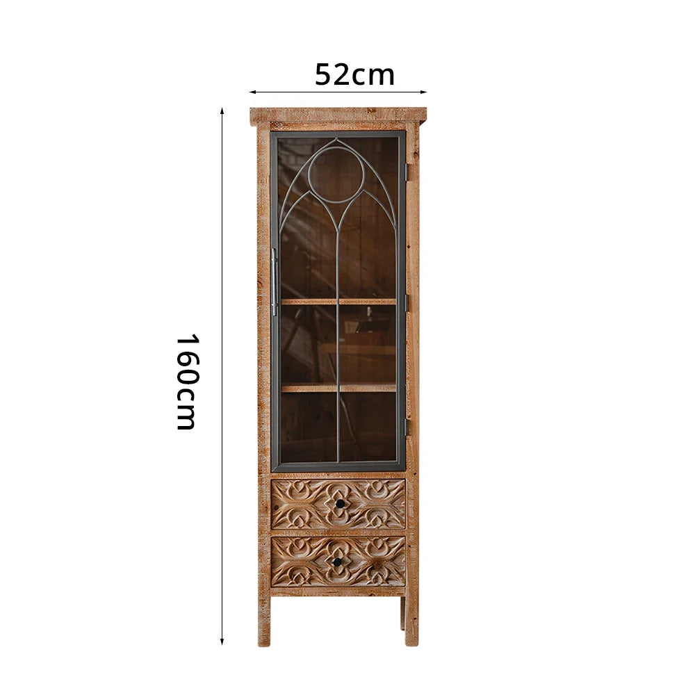 LIVARA Vintage Distressed Carved Glass Door Wine Cabinet 160cm Entryway Display Storage Cabinet - Natural Wood