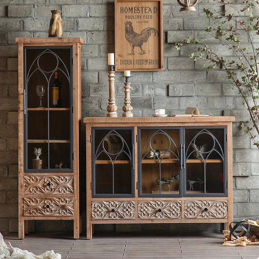 LIVARA Vintage Distressed Carved Glass Door Wine Cabinet - 120cm Entryway Display Storage Sideboard - Natural Wood