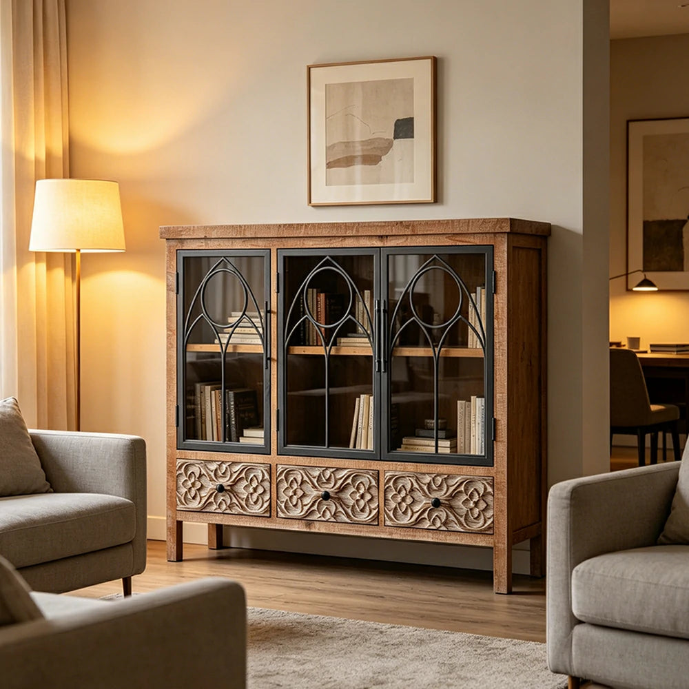 LIVARA Vintage Distressed Carved Glass Door Wine Cabinet - 120cm Entryway Display Storage Sideboard - Natural Wood