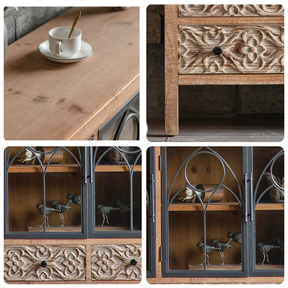 LIVARA Vintage Distressed Carved Glass Door Wine Cabinet - 120cm Entryway Display Storage Sideboard - Natural Wood