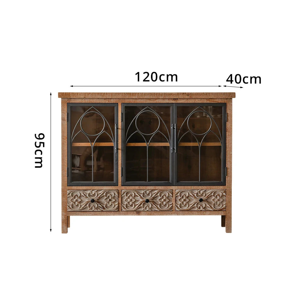 LIVARA Vintage Distressed Carved Glass Door Wine Cabinet - 120cm Entryway Display Storage Sideboard - Natural Wood