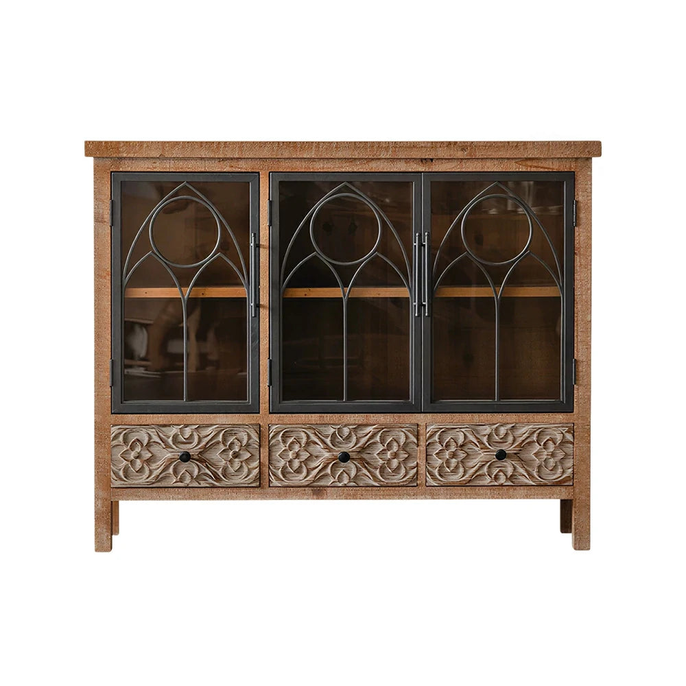 LIVARA Vintage Distressed Carved Glass Door Wine Cabinet - 120cm Entryway Display Storage Sideboard - Natural Wood