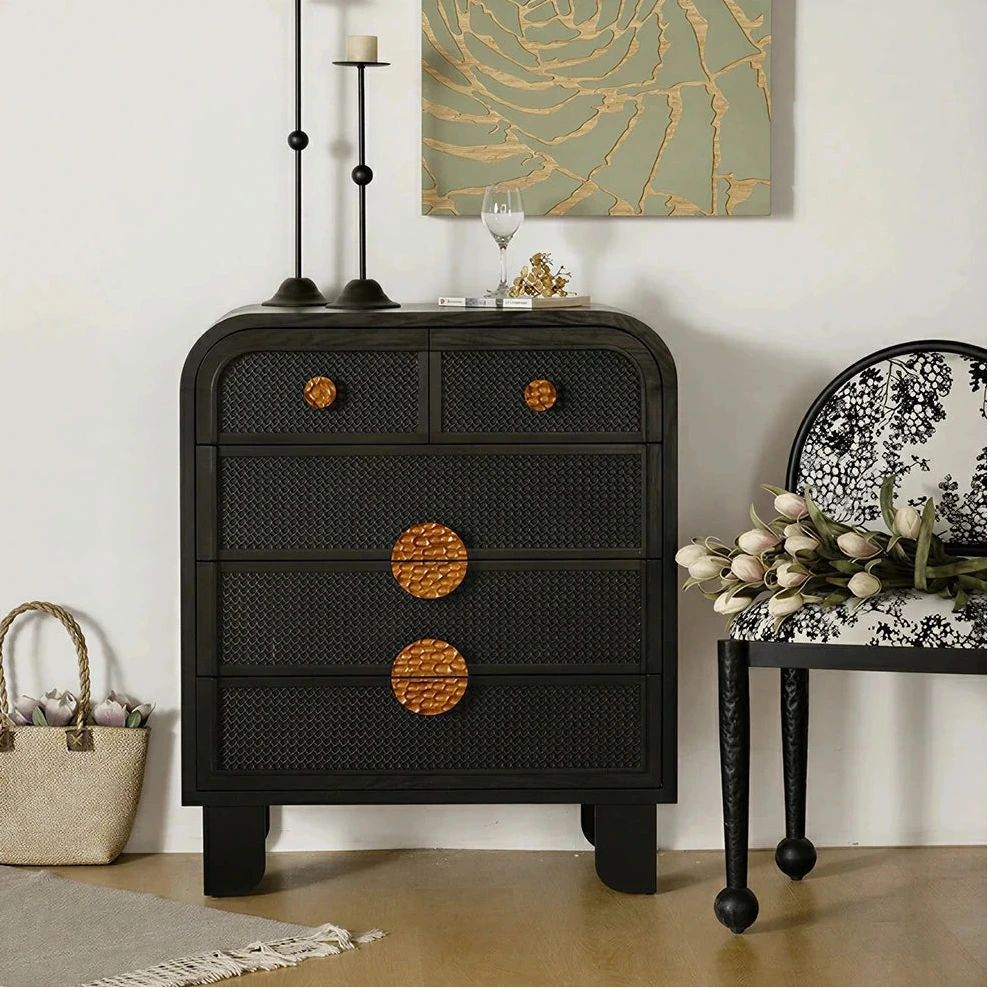 LIVARA Vintage Solid Wood 5-Drawer Chest with Rattan Detail 80.5cm Entryway Storage Cabinet - Black